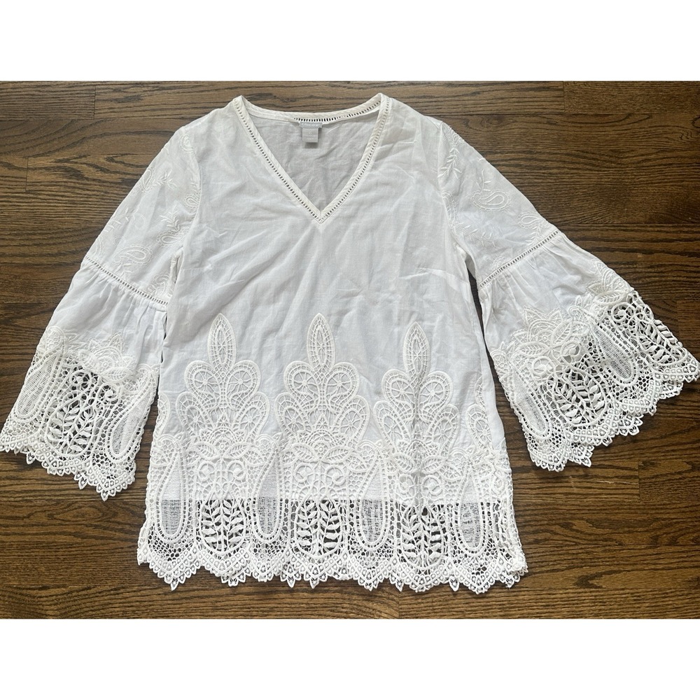 Chicos White Cotton V-Neck Bell Sleeve Embroidered Lace Cutout Blouse Top 0 4 6